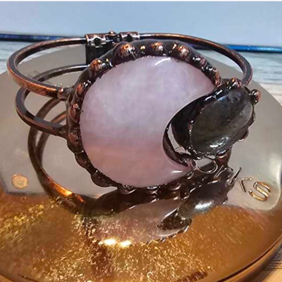 Boho Rose Quartz Statement Moon Copper Tone Cuff Bracelet - Picture 5 of 7